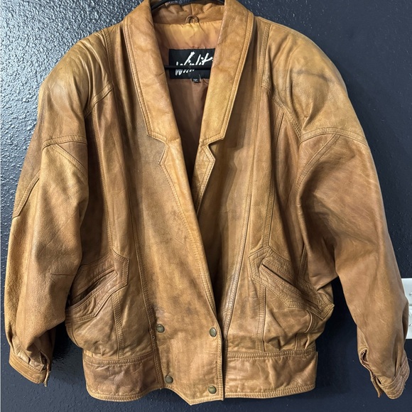 Vintage Men's Tan Leather Bomber Jacket - WITLIT 90s